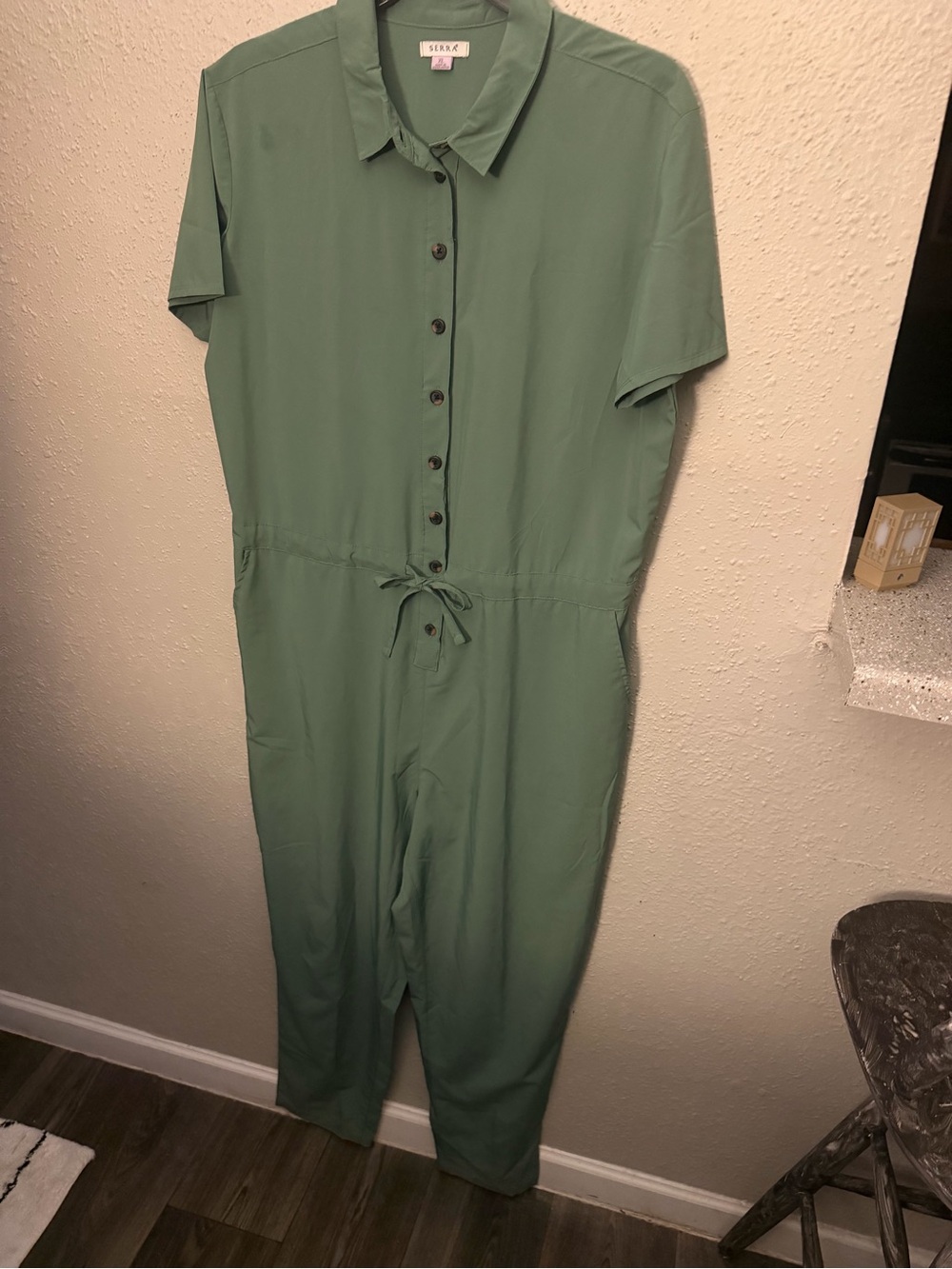 Serra Sage Green Short-Sleeve Button-Front Jumpsuit